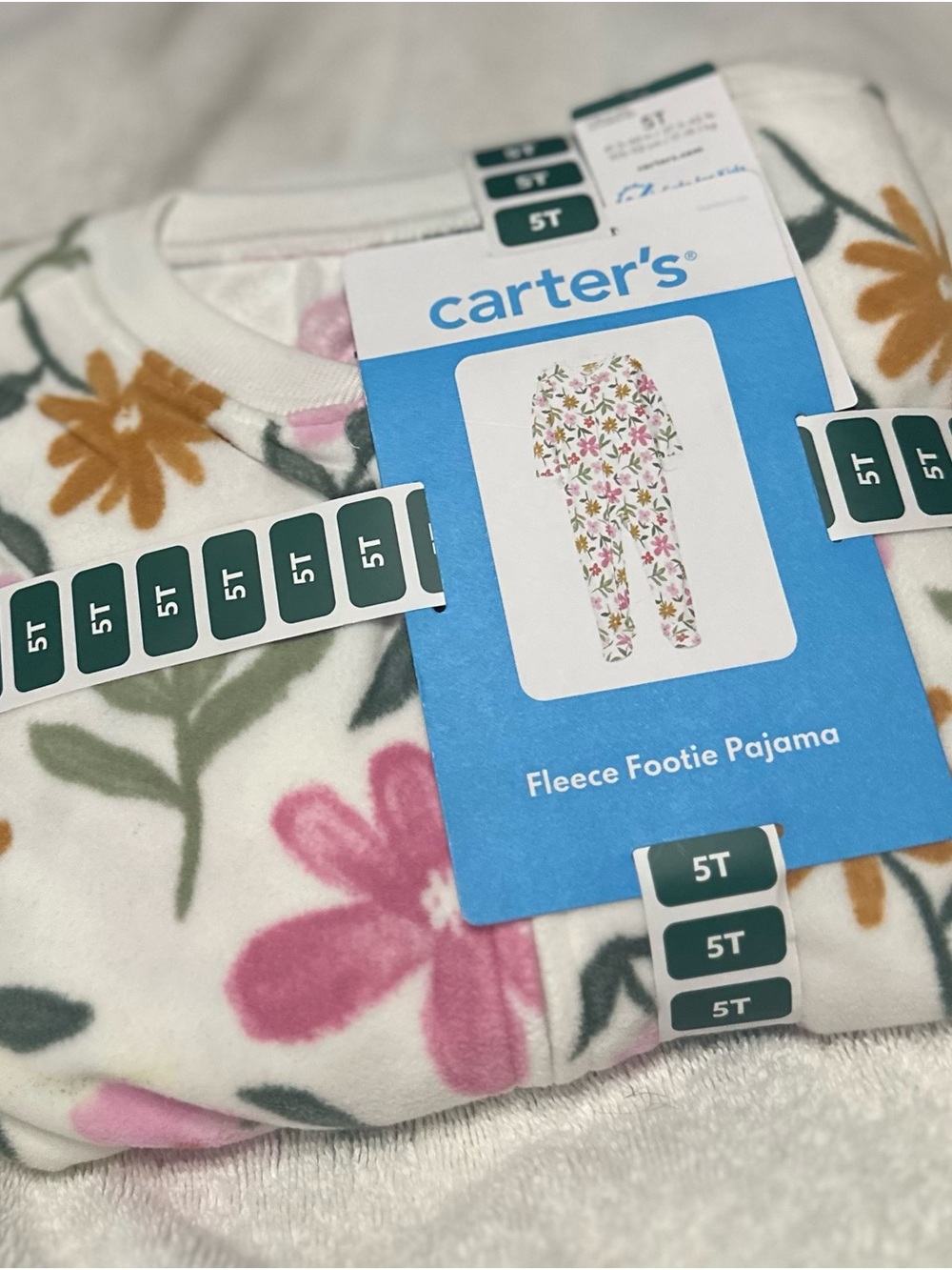5T-Carter's Girls' White Floral Fleece Footie Pajama